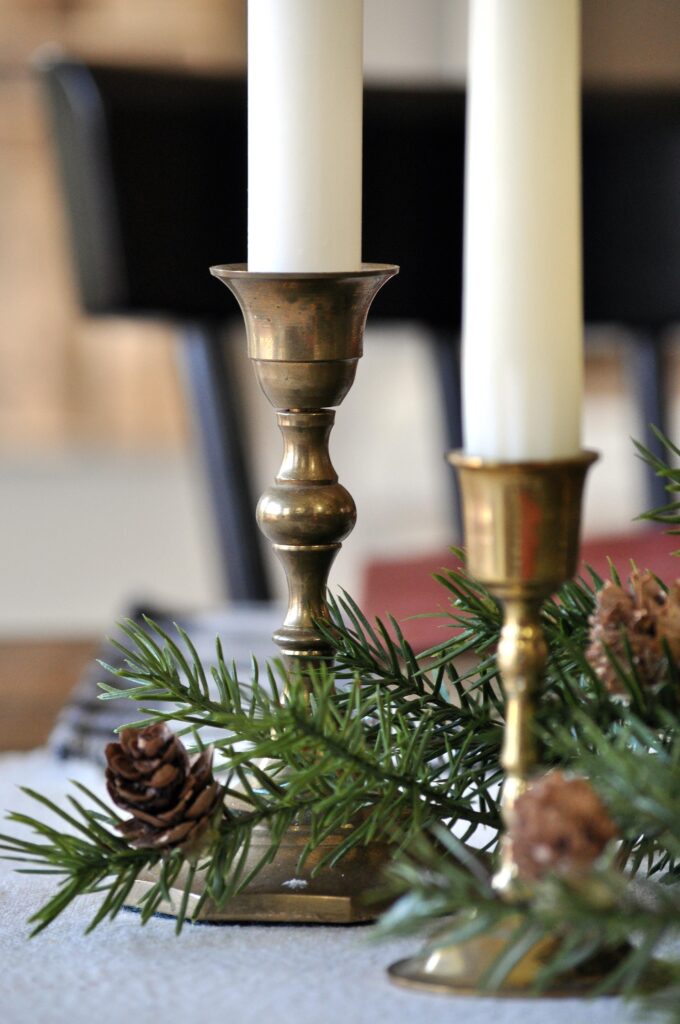 Farmhouse Christmas Home Tour. Brass Candles