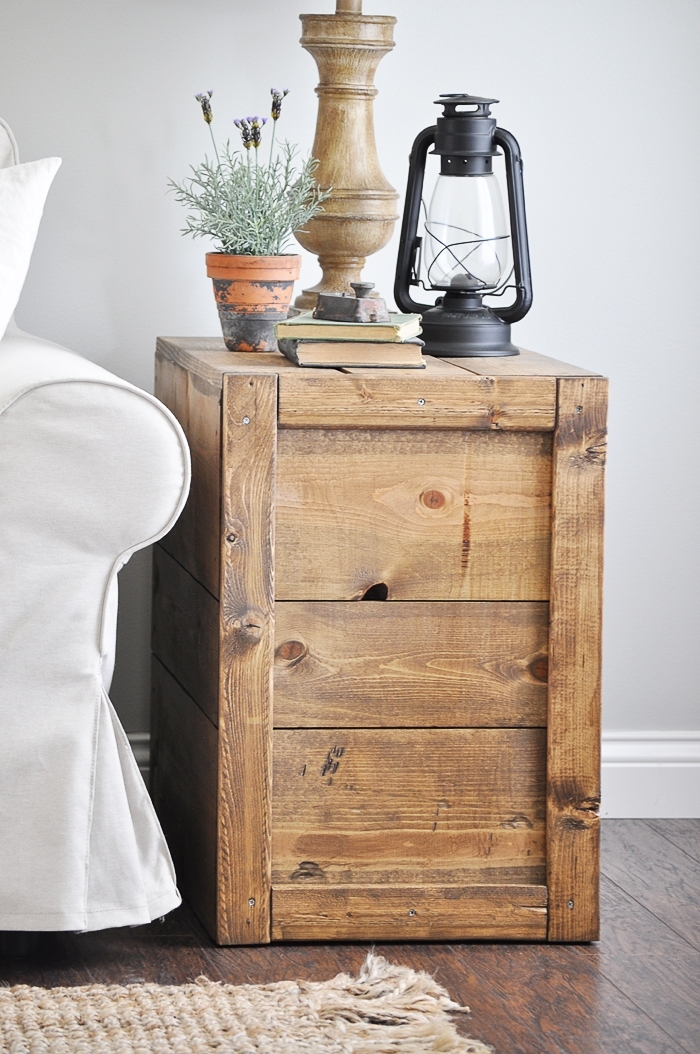 Make these rustic, farmhouse style DIY Crate Side Tables for your living room or bedroom! They are so easy to make! Tutorial here: https://www.littleglassjar.com/2017/04/25/diy-crate-side-tables/