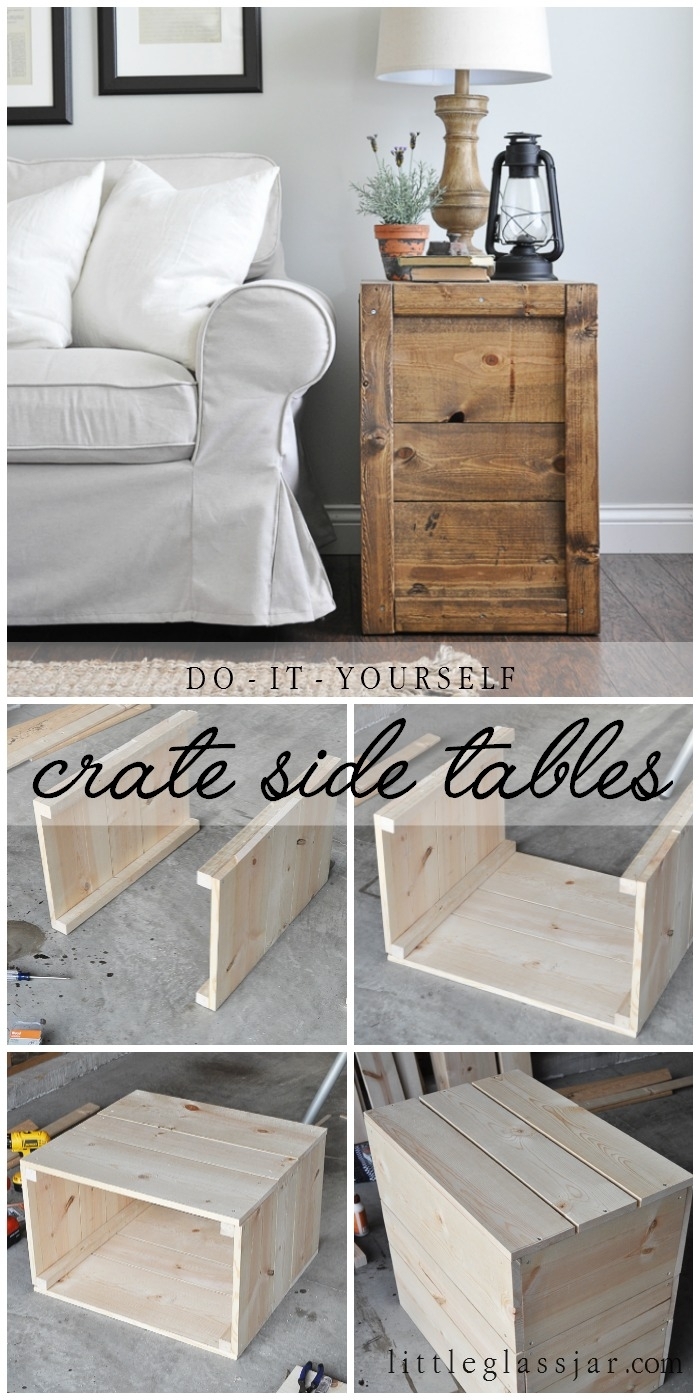 Make these rustic, farmhouse style DIY Crate Side Tables for your living room or bedroom! They are so easy to make! Tutorial here: https://www.littleglassjar.com/2017/04/25/diy-crate-side-tables/