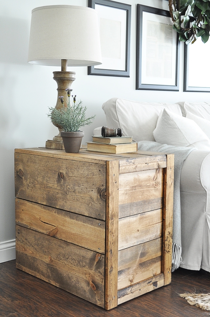 Make these rustic, farmhouse style DIY Crate Side Tables for your living room or bedroom! They are so easy to make! Tutorial here: https://www.littleglassjar.com/2017/04/25/diy-crate-side-tables/