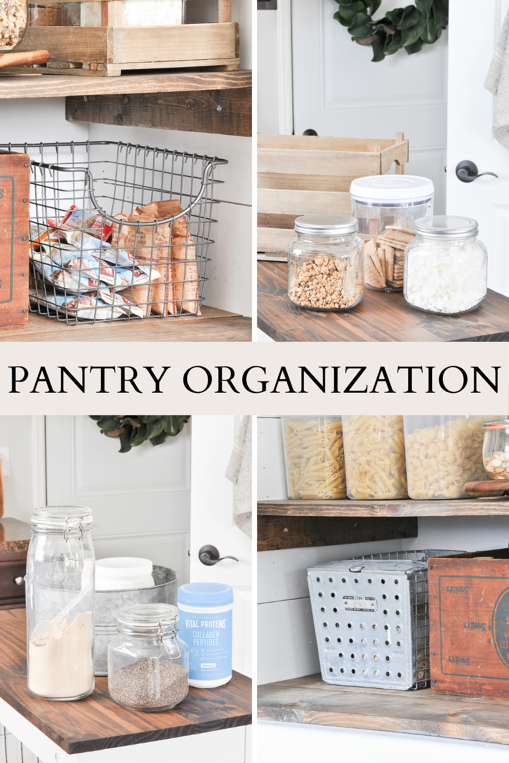 Beautiful farmhouse style pantry organization with functional and affordable containers and baskets. Add vintage boxes and jars for extra storage too.
