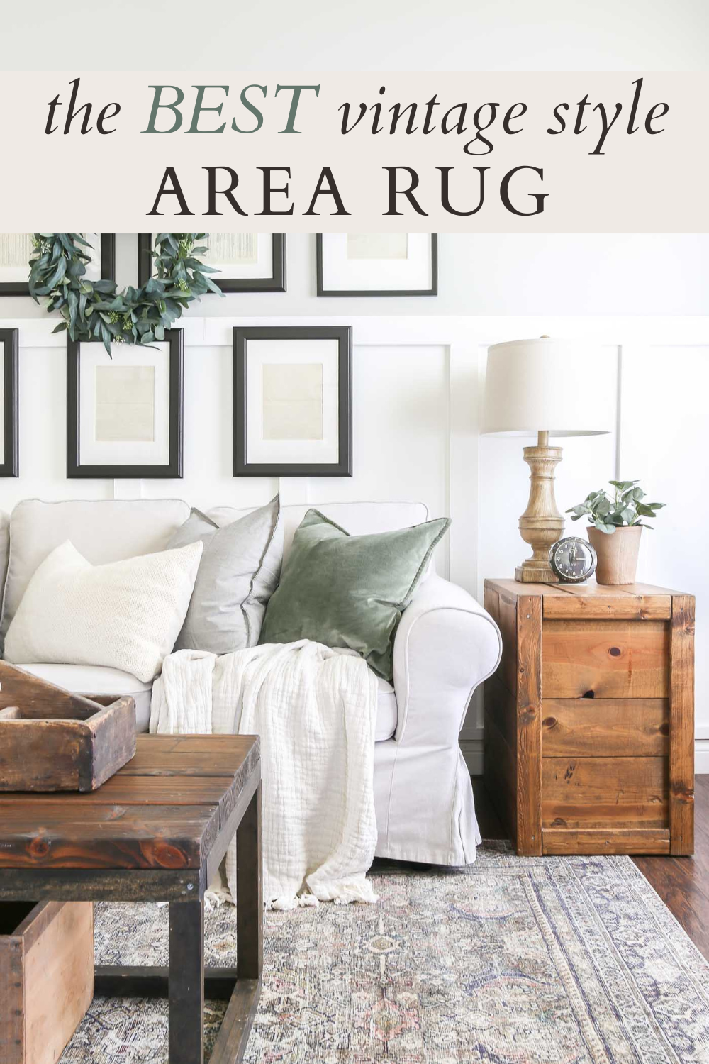 A living room with a beautiful vintage looking area rug.