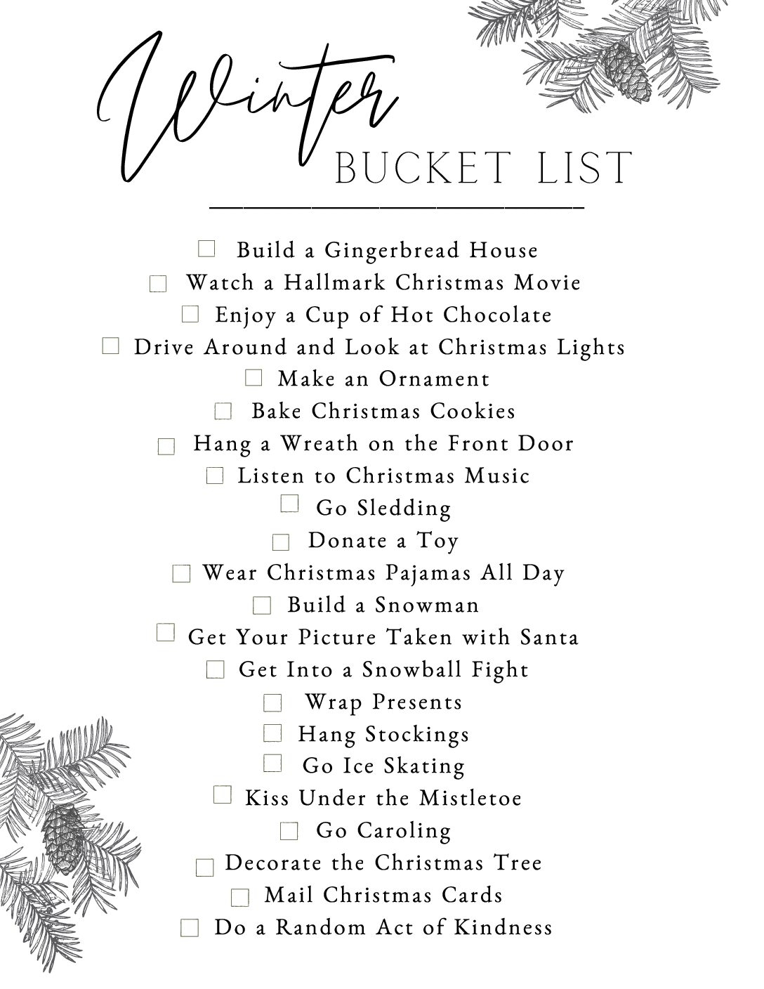 Winter Bucket List Free Printable