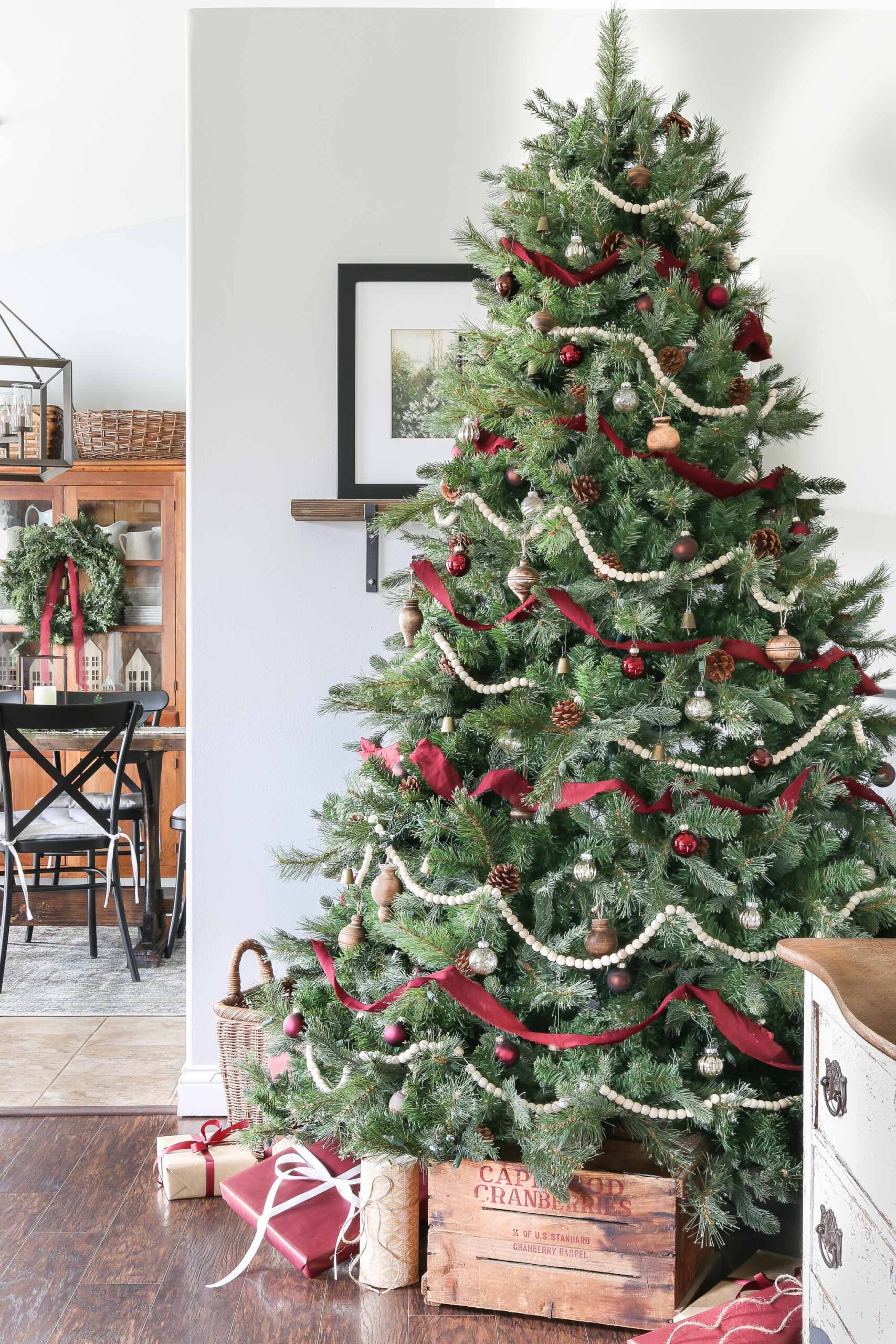 Crimson, Wood, and White Christmas Tree