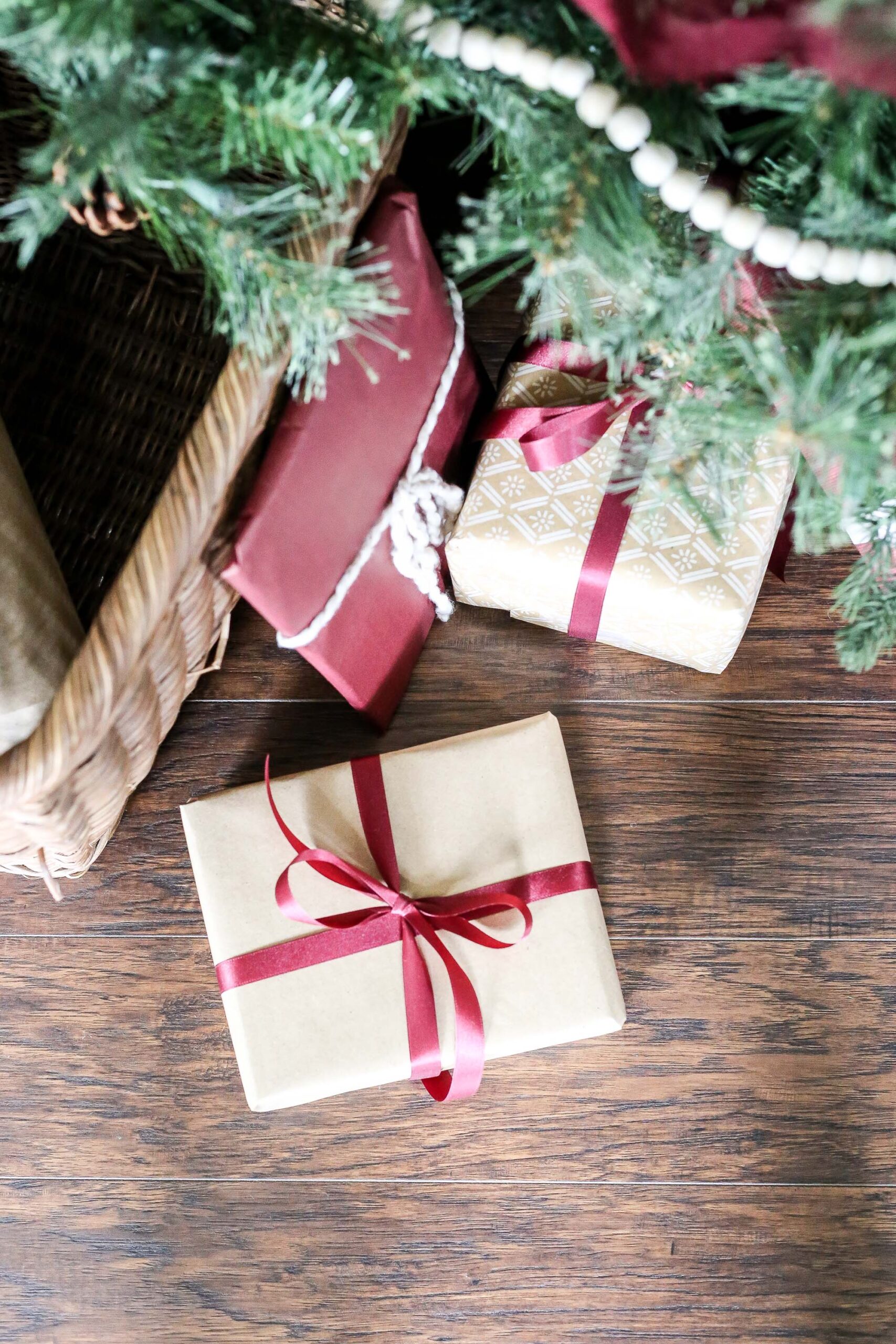 Crimson, Wood, and White Christmas Tree