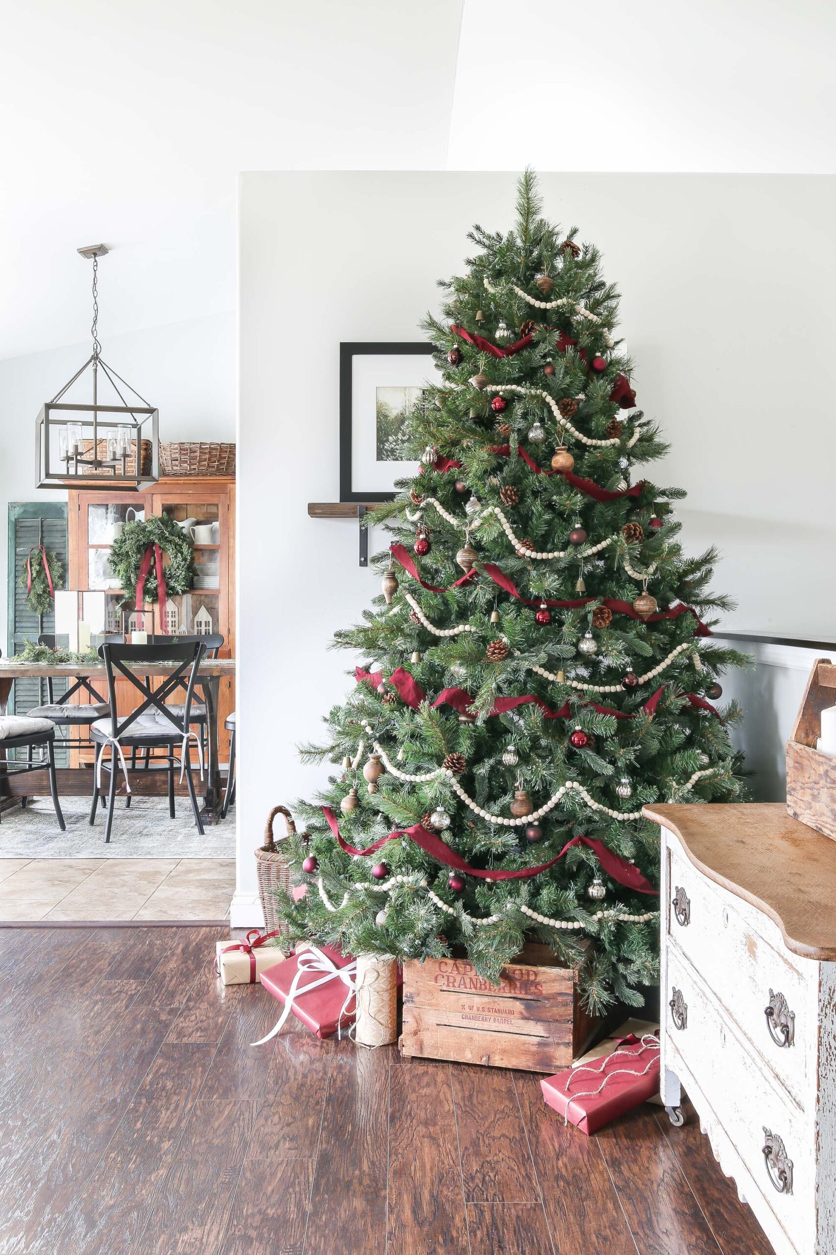 Crimson, Wood, and White Christmas Tree