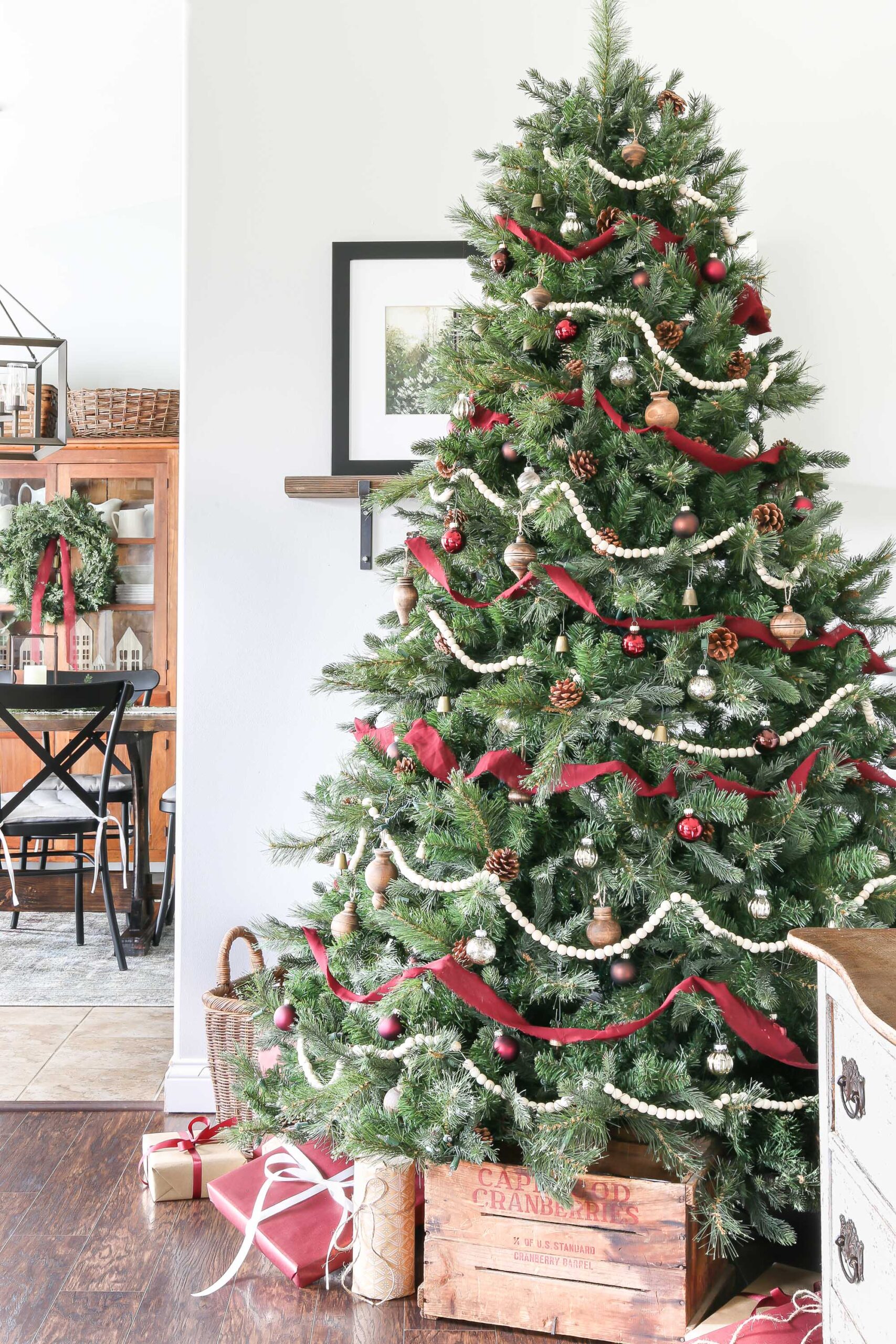 Crimson, Wood, and White Christmas Tree