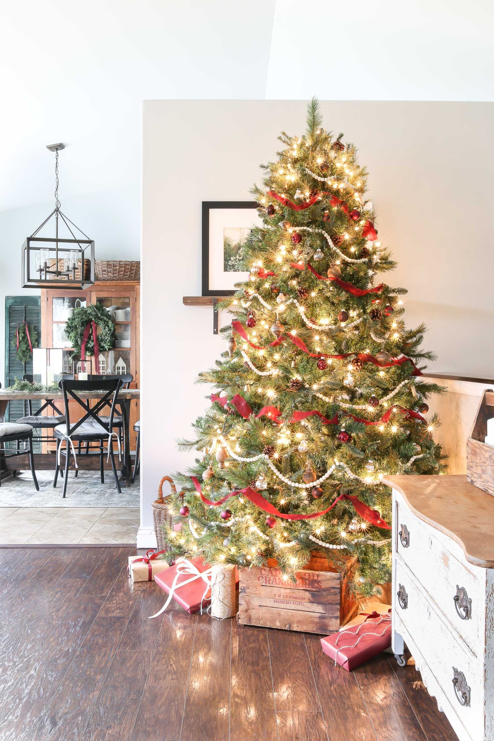 Crimson, Wood, and White Christmas Tree