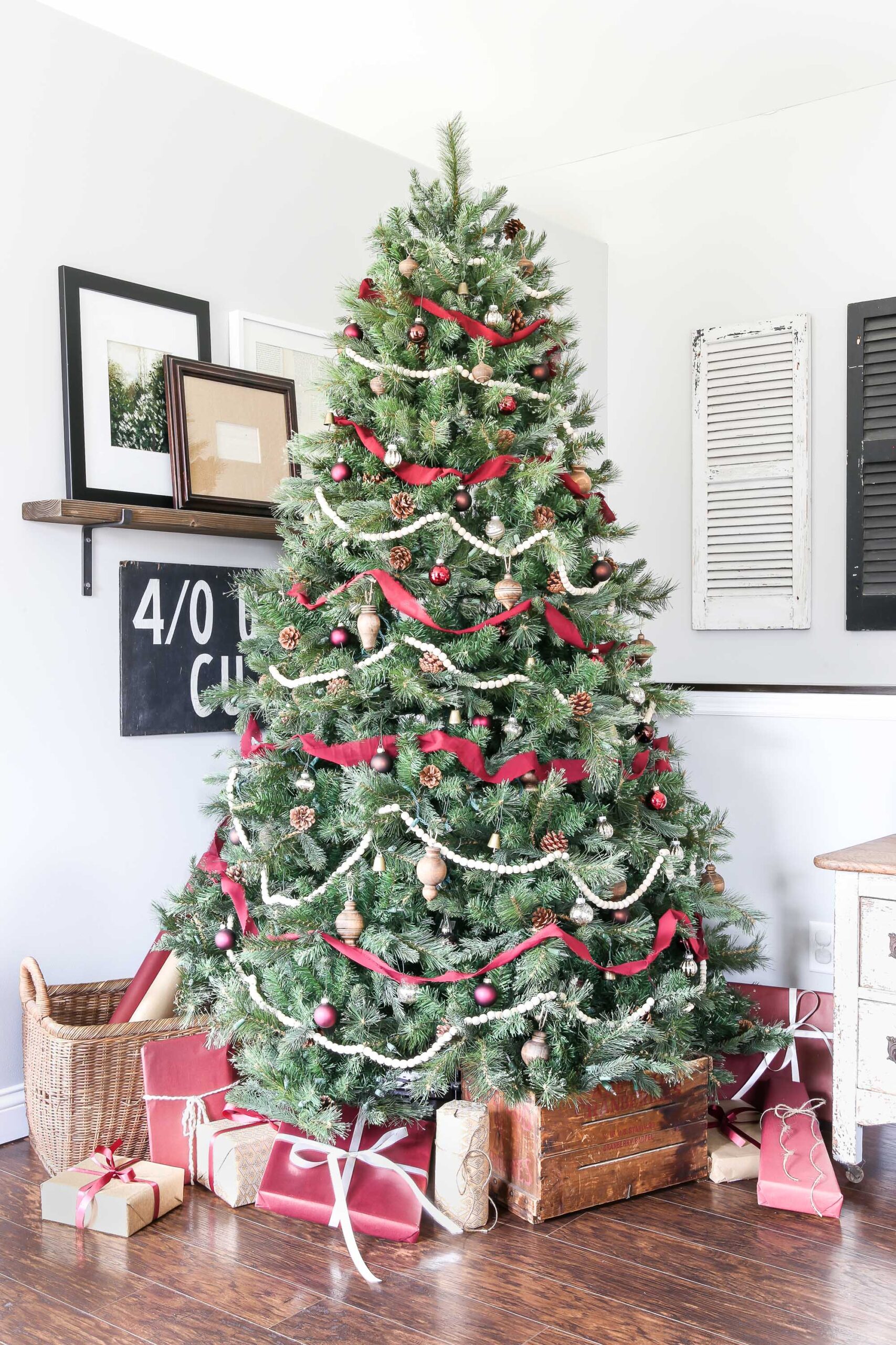 Crimson, Wood, and White Christmas Tree