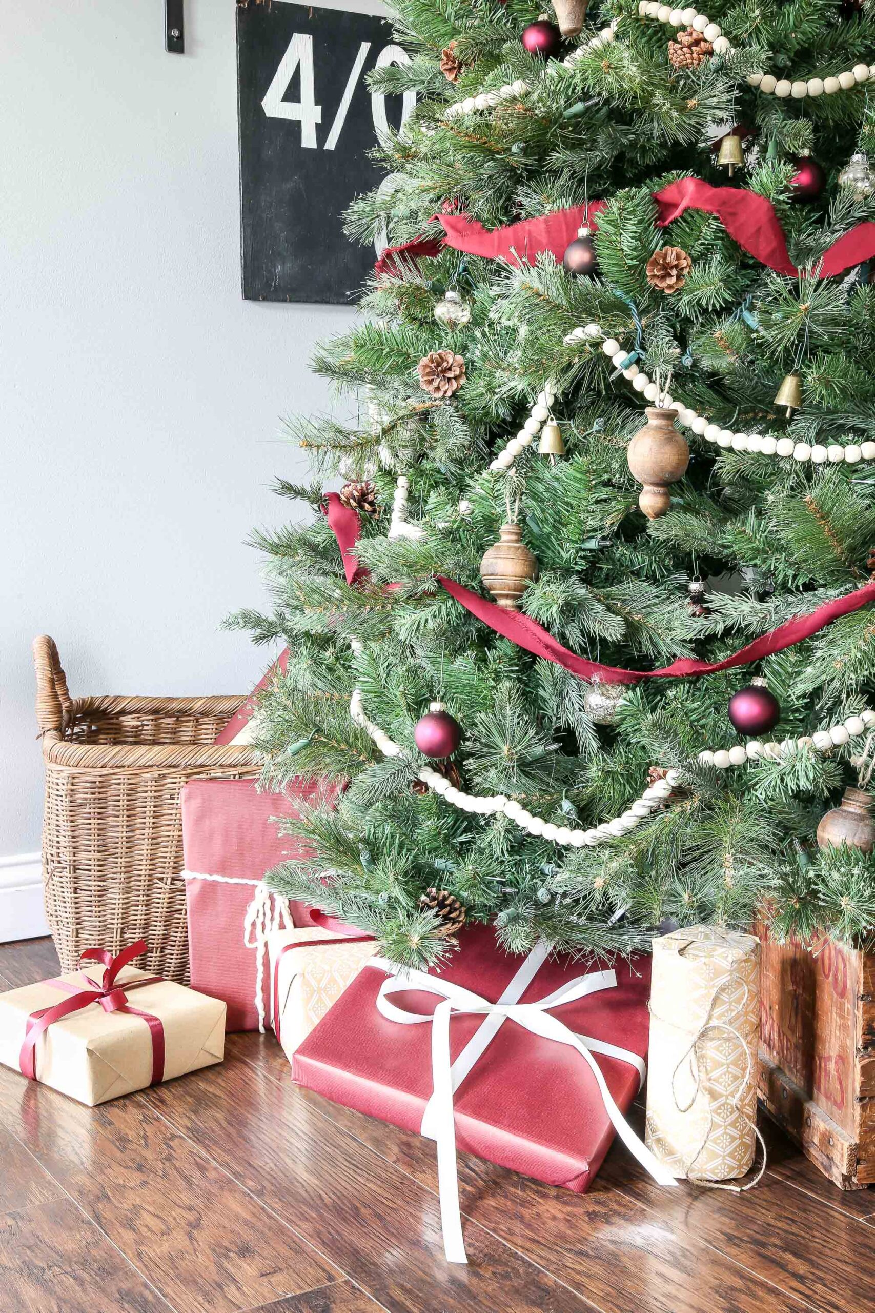 Crimson, Wood, and White Christmas Tree