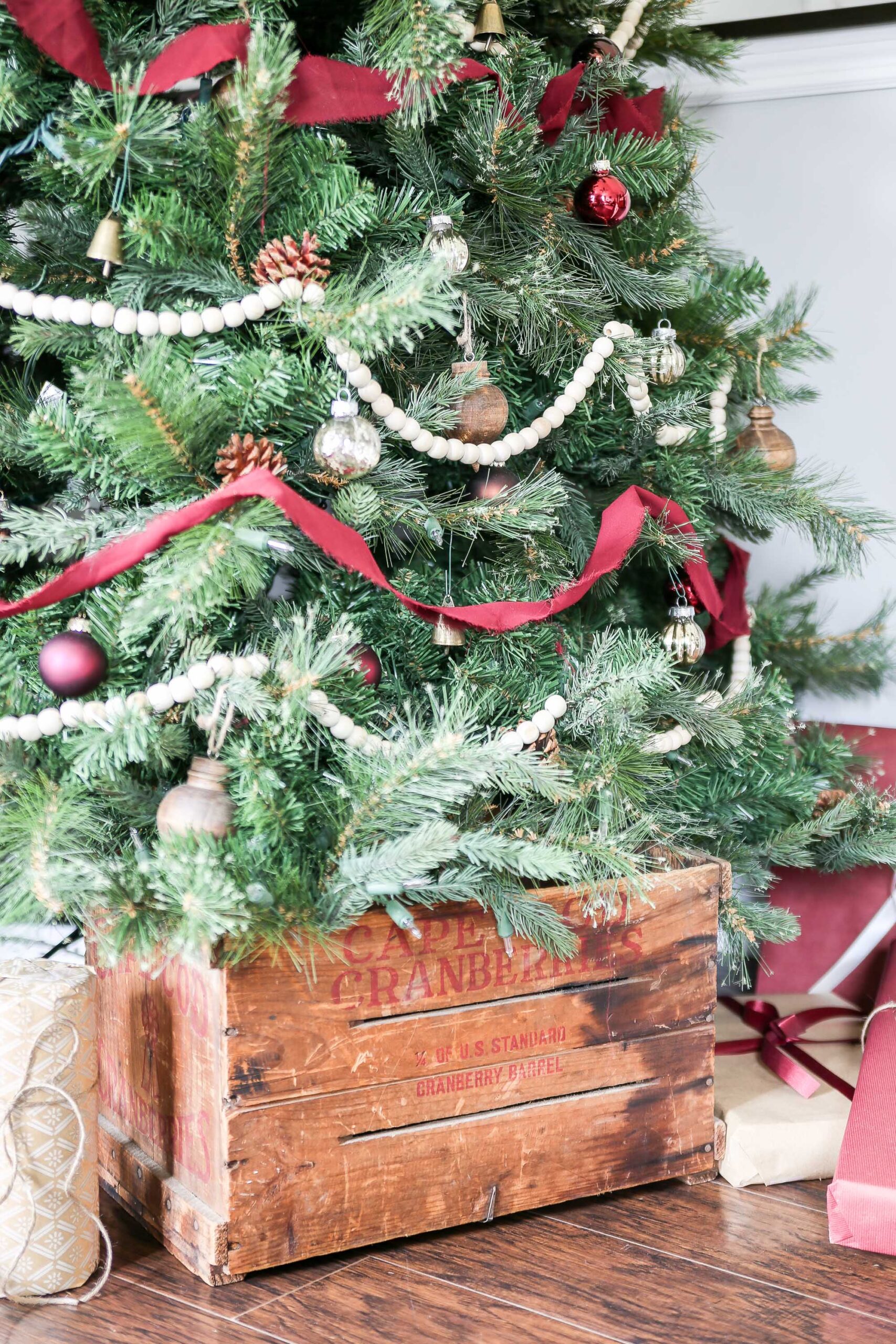 Crimson, Wood, and White Christmas Tree