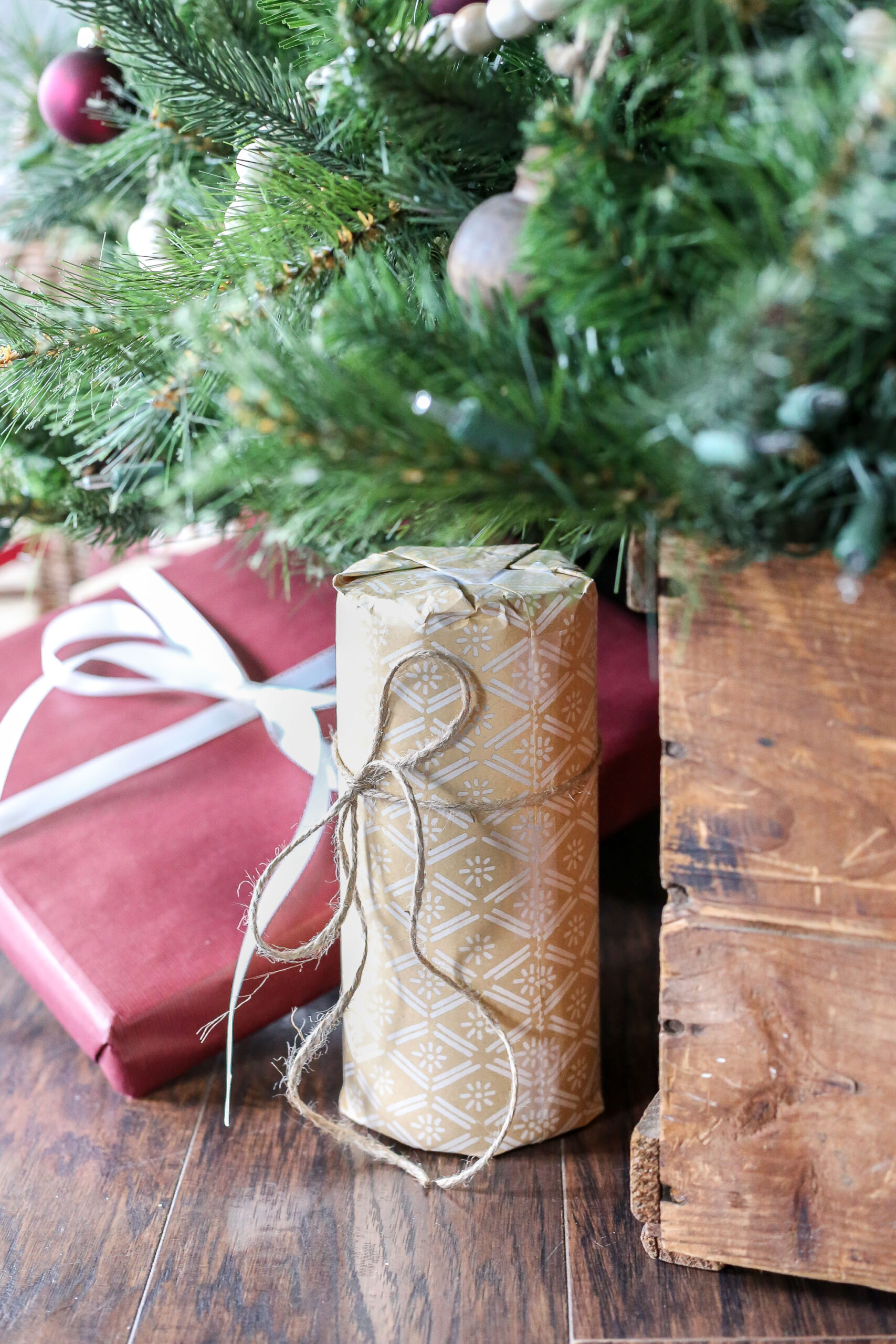 Crimson, Wood, and White Christmas Tree